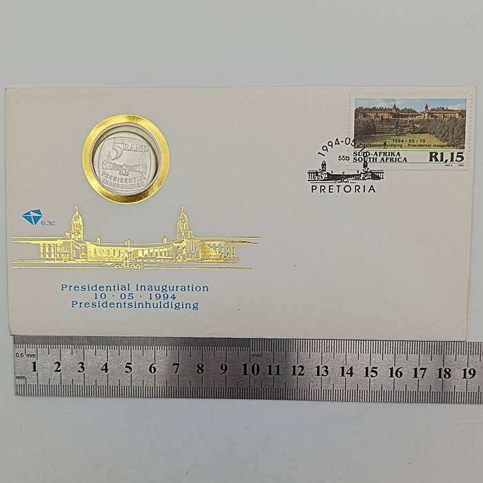 Mandela set with FDC 6.3b inauguration FDC 6.3c with proof R5 1994 plus year 2000 R5 Mandela and yea