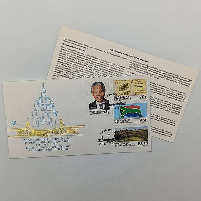 Mandela set with FDC 6.3b inauguration FDC 6.3c with proof R5 1994 plus year 2000 R5 Mandela and yea