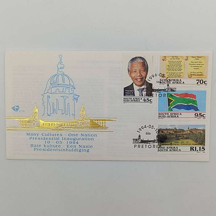Mandela set with FDC 6.3b inauguration FDC 6.3c with proof R5 1994 plus year 2000 R5 Mandela and yea