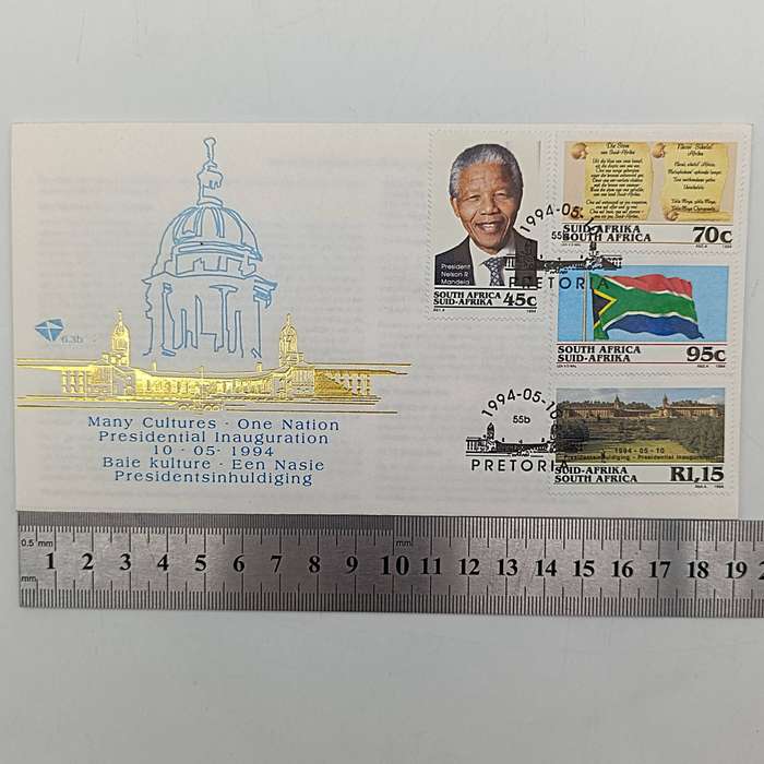 Mandela set with FDC 6.3b inauguration FDC 6.3c with proof R5 1994 plus year 2000 R5 Mandela and yea