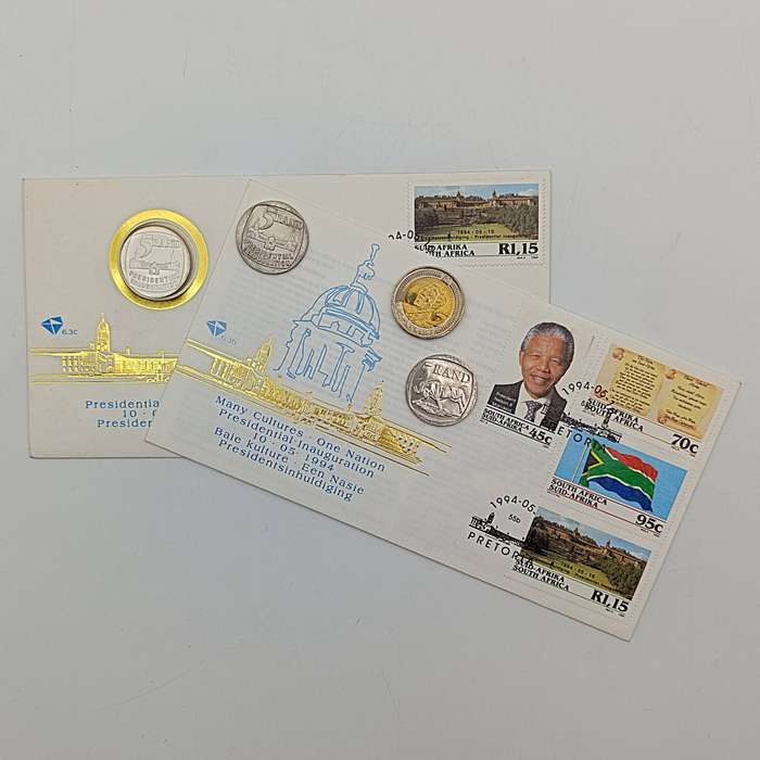 Mandela set with 6.3b FDC  6.3c FDC with proof R5 1994 Inauguration R5 2000 Mandela R5  2008 Mandela