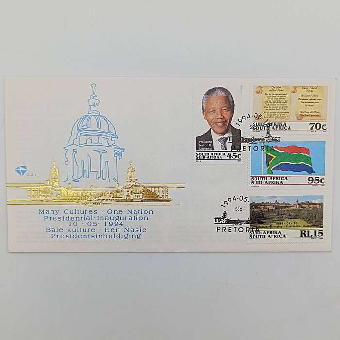 Mandela set with 6.3b FDC  6.3c FDC with proof R5 1994 Inauguration R5 2000 Mandela R5  2008 Mandela