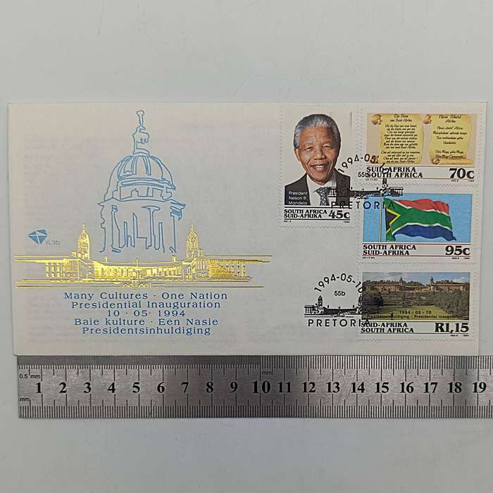 Mandela set with FDC 6.3b inauguration, FDC 6.3c with proof R5 plus year 2000 R5 Mandela
