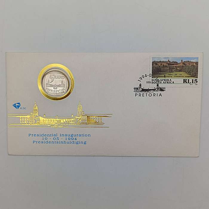 Mandela set with FDC 6.3b inauguration, FDC 6.3c with proof R5 plus year 2000 R5 Mandela