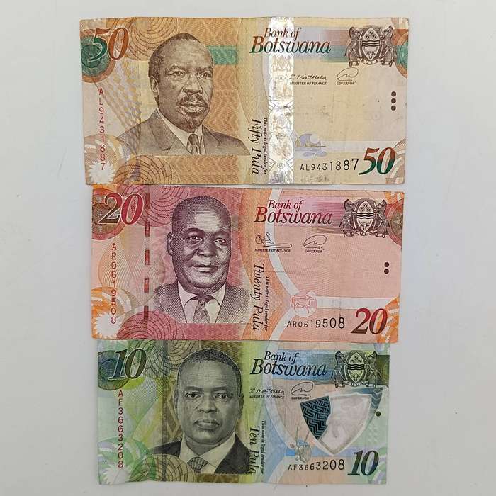 Botswana set of 5 banknotes 10,20,50,100,200 Pula - Currency value about R 500