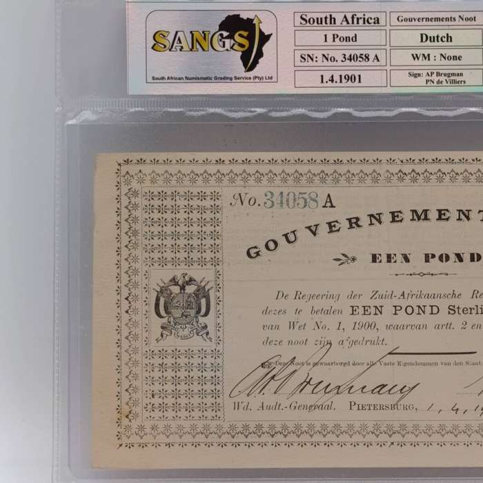 1901 Pietersburg Gouvernements Noot 1 Pound banknote graded AU55 by SANGS - 01/04/1901 #34058A