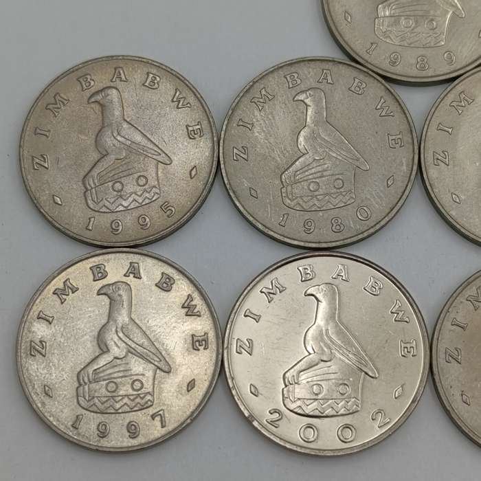 Zimbabwe set of 9 x 50c coins - all the dates to 2002