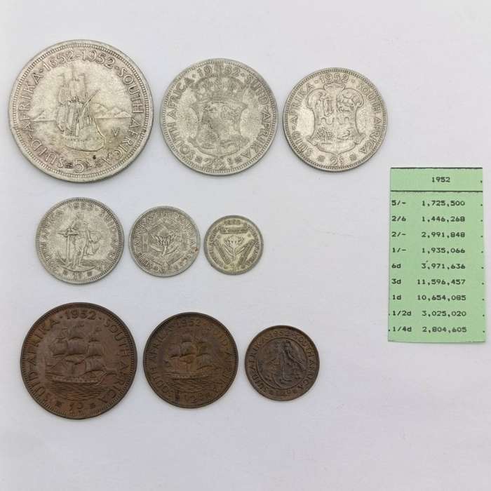 South Africa 1952 full set of silver and copper coins