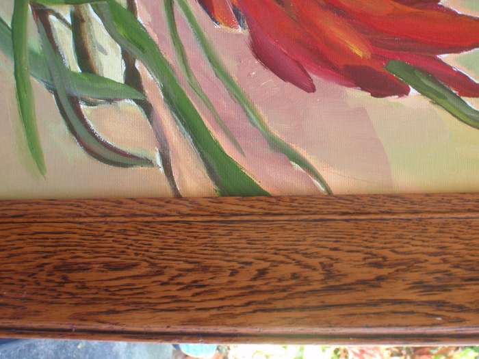 Original Arlene McDade. Deep red protea framed in vintage oak frame. Well known S.African artist.
