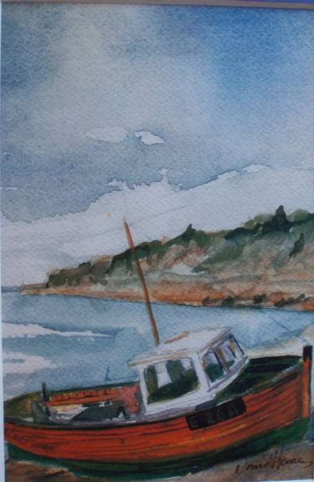 Original watercolour - beached fishing boat. Beautifully painted and signed - well framed.