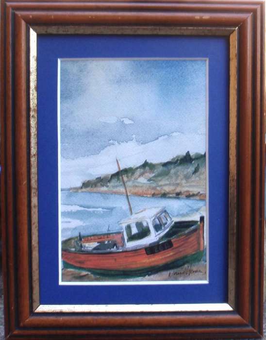 Original watercolour - beached fishing boat. Beautifully painted and signed - well framed.