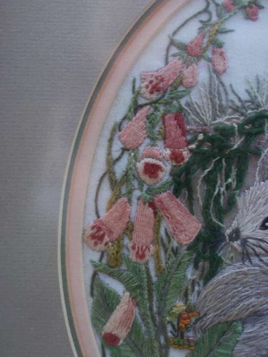 Exquisite embroidery in beautiful frame The Three Bunnies in a gorgeous garden. Stunning