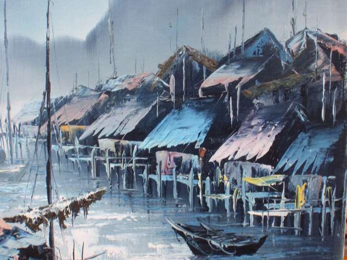 Original oil - Serene  boating scene in tranquil shades of azure. Beautifully executed piece.