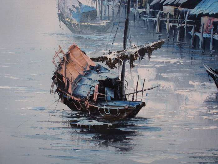 Original oil - Serene  boating scene in tranquil shades of azure. Beautifully executed piece.