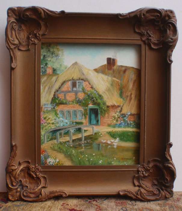 Adorable old world - cottage scene. Oil painting in gorgeous ornate vintage frame. Signed N.Mysell.