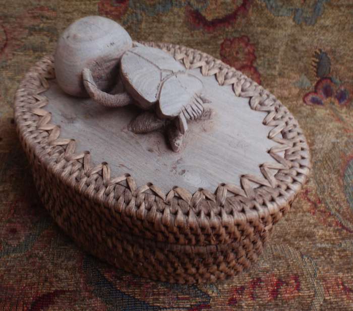 Dung Beetle or Scarab hand carved from solid piece of wood, lid for hand woven basket, Mozambique