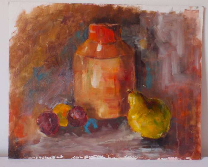 Extremely well executed fruit still life. Acrylic on card.