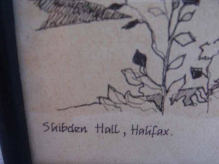 Vintage ink sketch of Shibden Hall, Halifax, signed Sarah Kay Tomlinson.  Beautiful detail