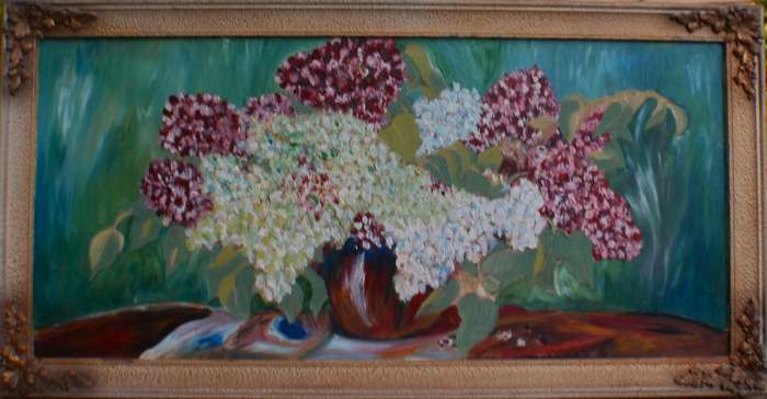 Stunning large original oil Hydrangeas in vintage frame. Vibrant arty piece.