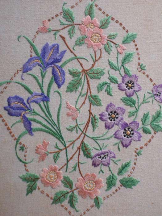 Vintage beautiful embroidery on linen - well framed in arty frame.