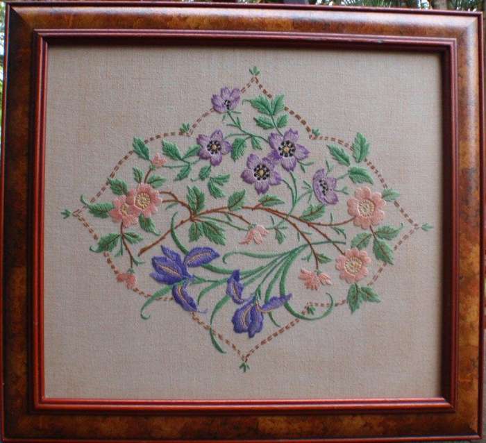 Vintage beautiful embroidery on linen - well framed in arty frame.