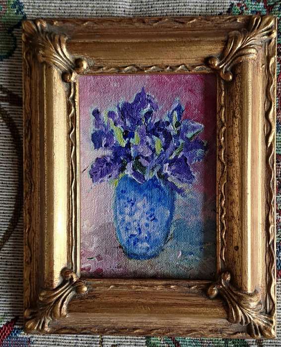 Beautiful little miniature original, still life painting in ornate gilded frame Irises in Blue Vase