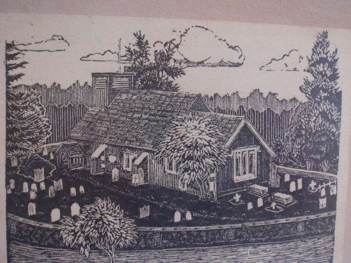 Antique etching Leckford Church. Incredible detail of this charming old church, graveyard.