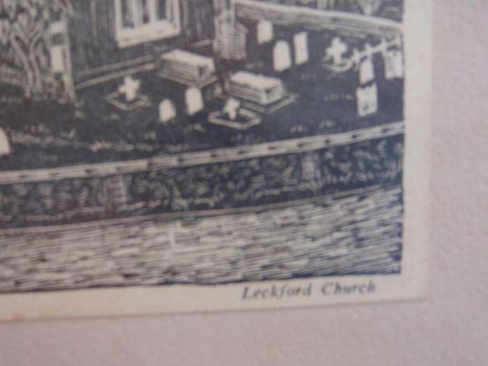 Antique etching Leckford Church. Incredible detail of this charming old church, graveyard.