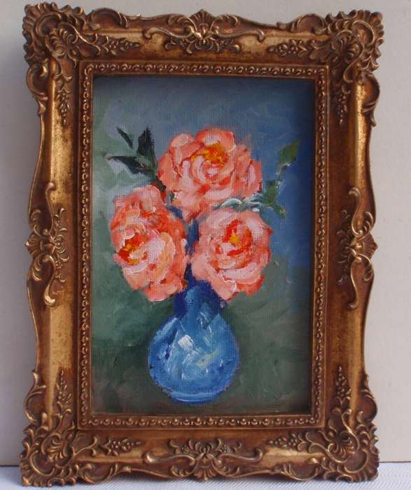 Miniature original painting in ornate gilded frame. Wall hanging.