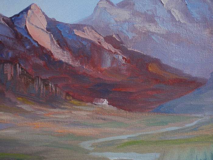 Original oil painting. Beautiful mountain scene. In ornate dark silver frame.