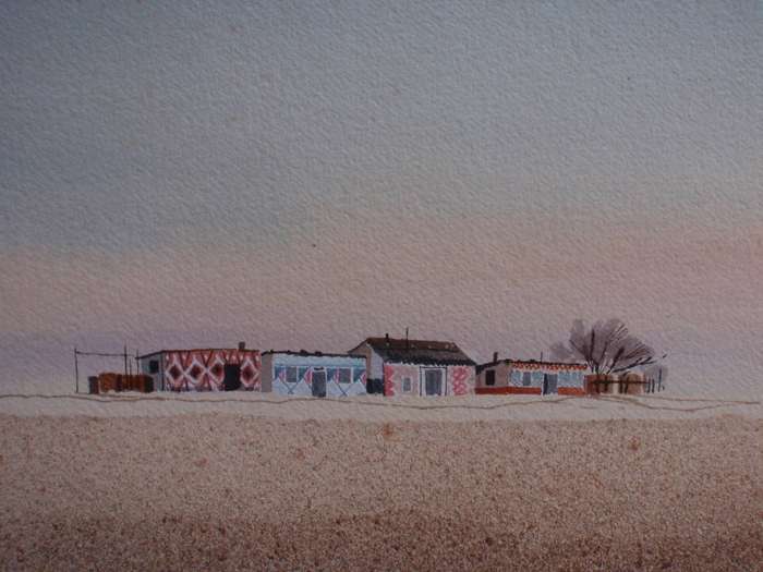Original S.African investment art Richard Rennie 1932-2017 Ndebele Homes. Large framed watercolour.