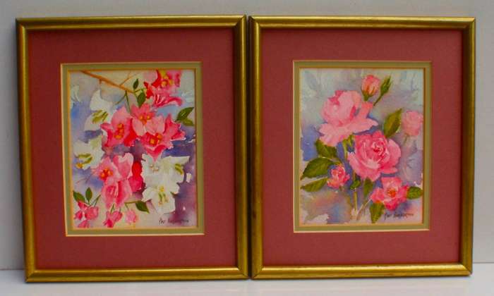 A beautiful pair of original watercolours by Pat Bruorton. Roses and Bourgainville. Well framed.