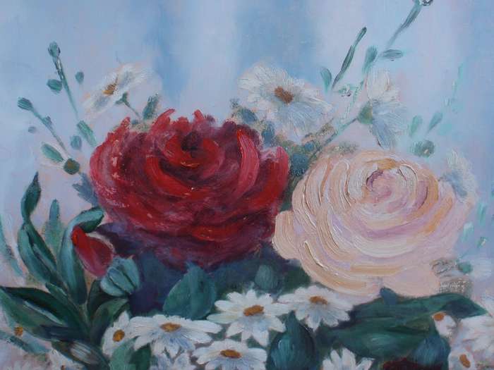 Vintage gorgeous original old oil painting. Roses and daisies still life. Charming old piece.