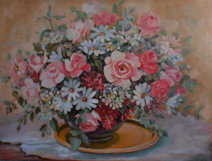 Beautiful, large original Liz Fitzhenry oil painting. Gorgeous still life of roses and daisies.