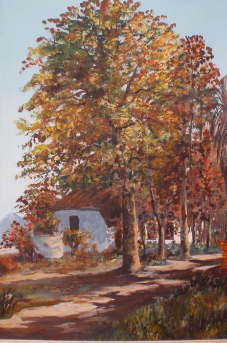 Original oil painting - signed S.E.Hanafey dated 1976. Impressionist farm house with tall trees.