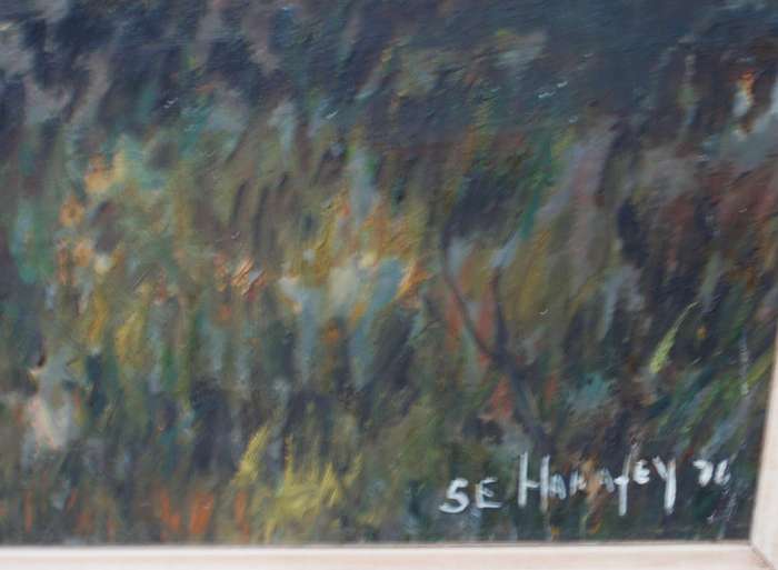 Original oil painting - signed S.E.Hanafey dated 1976. Impressionist farm house with tall trees.