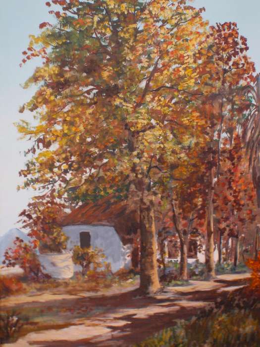 Original oil painting - signed S.E.Hanafey dated 1976. Impressionist farm house with tall trees.