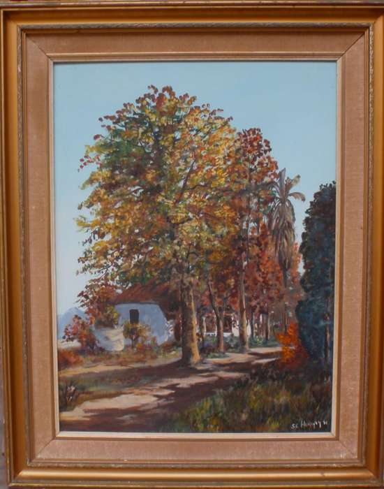 Original oil painting - signed S.E.Hanafey dated 1976. Impressionist farm house with tall trees.