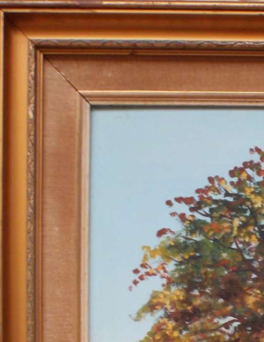 Original oil painting - signed S.E.Hanafey dated 1976. Impressionist farm house with tall trees.