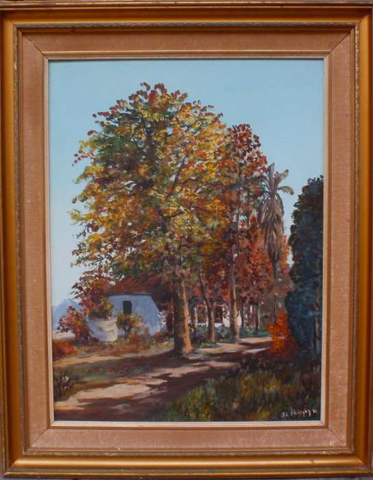Original oil painting - signed S.E.Hanafey dated 1976. Impressionist farm house with tall trees.