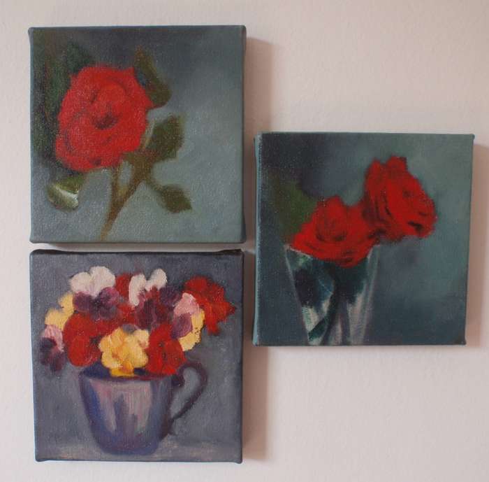 Three gorgeous original oil paintings. Pansies and roses still life. Lovely impressionist pieces.