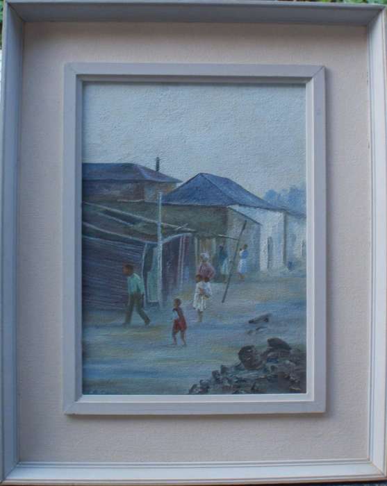 Vintage original oil painting of  S.African township life in period frame.