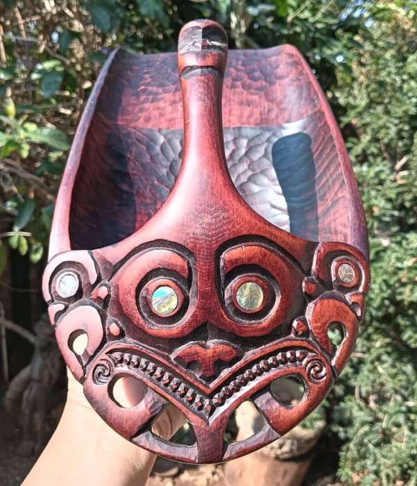 Fine Maori Wooden Canoe Bailer (Tiheru, Tata, Ta Wai) with Paua Shell Eyes