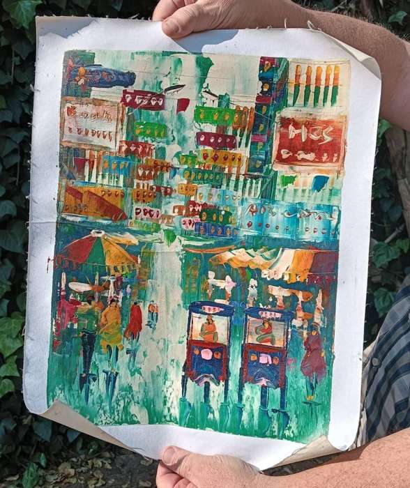 Striking Vintage 1970s Colourful Original Oil on Canvas Asian Street Scene with Highrise Buildings