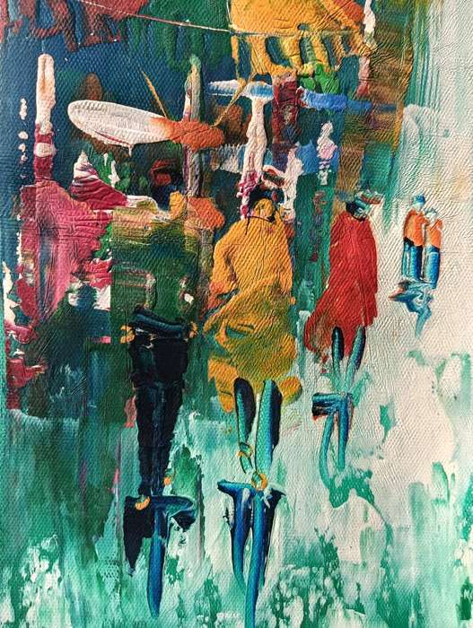 Striking Vintage 1970s Colourful Original Oil on Canvas Asian Street Scene with Highrise Buildings