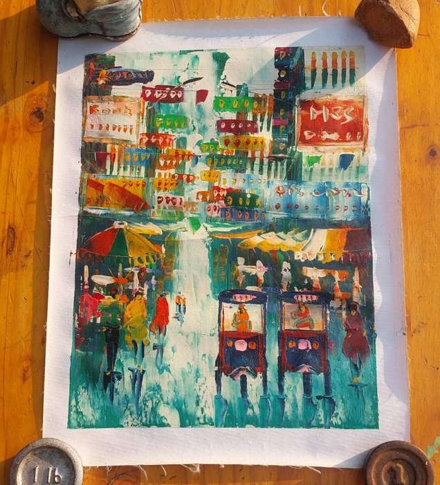 Striking Vintage 1970s Colourful Original Oil on Canvas Asian Street Scene with Highrise Buildings