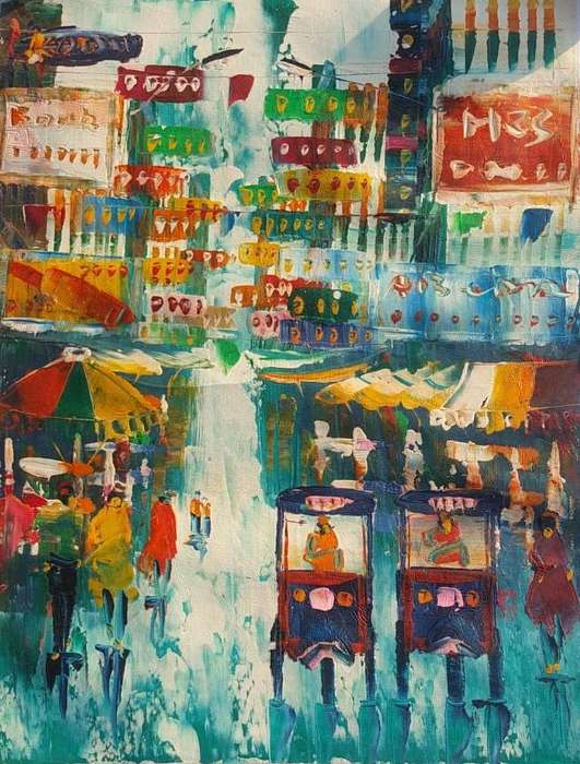 Striking Vintage 1970s Colourful Original Oil on Canvas Asian Street Scene with Highrise Buildings