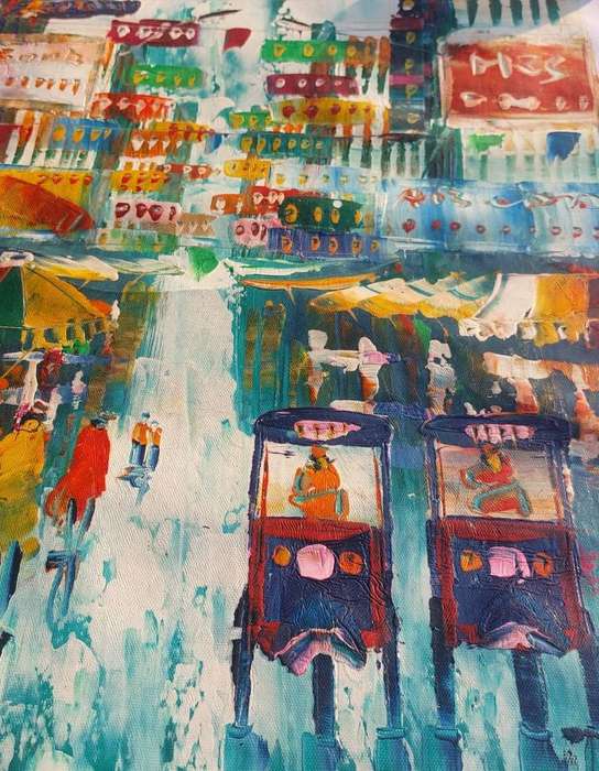 Striking Vintage 1970s Colourful Original Oil on Canvas Asian Street Scene with Highrise Buildings
