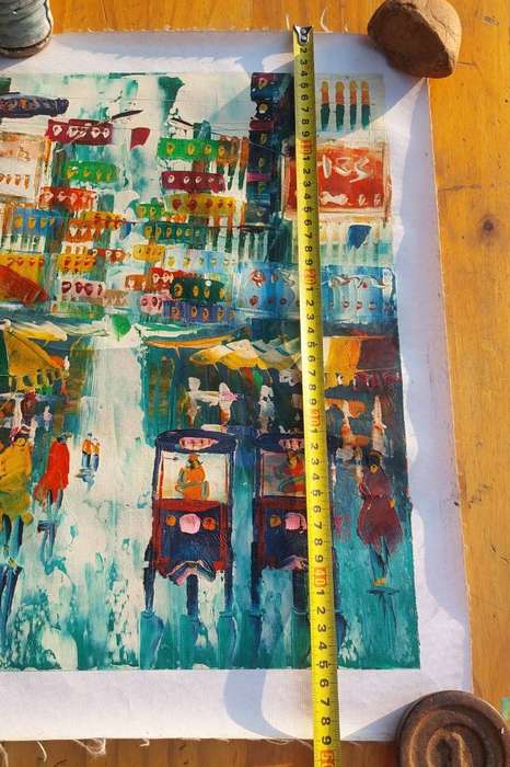 Striking Vintage 1970s Colourful Original Oil on Canvas Asian Street Scene with Highrise Buildings