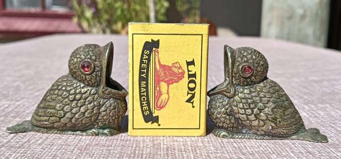 Brass Baby Bird Open Mouth Red Eye Match Holders Victorian Era Hotel Tavern Style